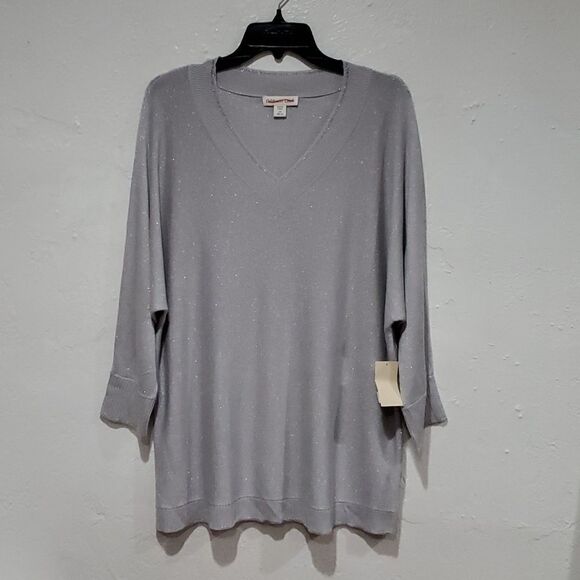 Silver Metallic V Neck Sweater Size 2XL - Picture 1 of 10